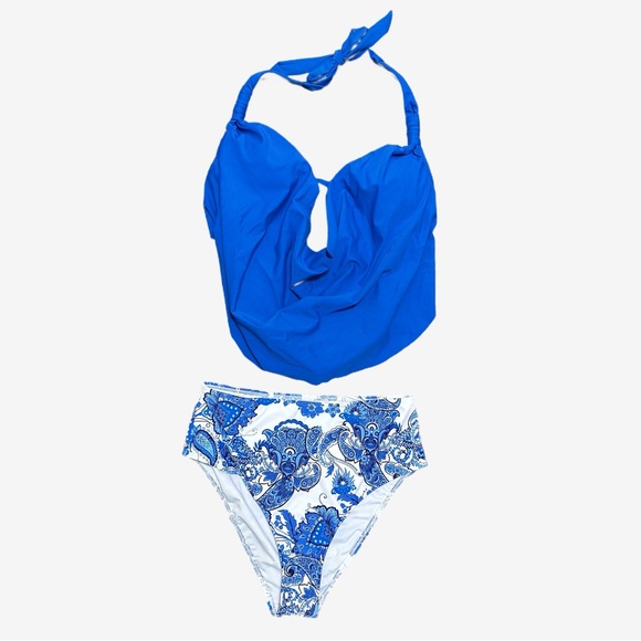 Cupshe Royal Blue Draped Halter Tankini Set - Picture 2 of 6